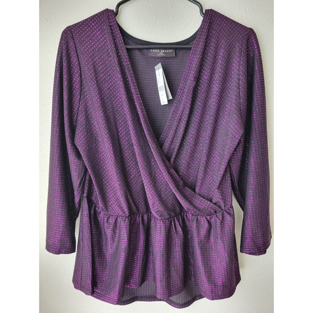 Lane Bryant 18/20 Metallic Purple Black Wrap Peplum Top NWT Sparkle 3/4 Sleeve